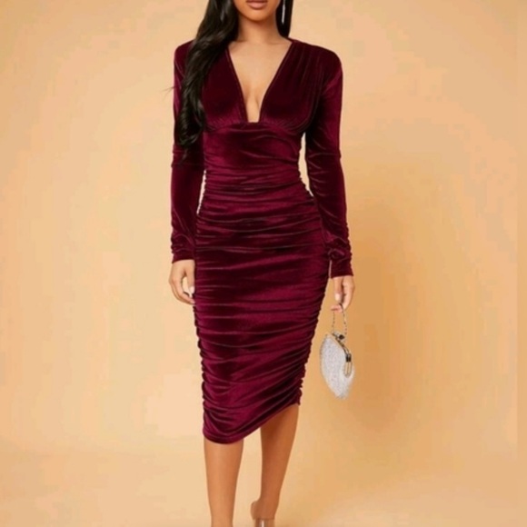 NWT Shein Lux Deep Plunge Velvet Midi Dress Burgundy Red Sz XL Women - Picture 2 of 11